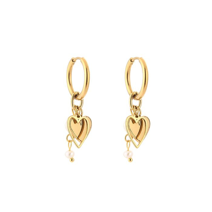 Gouden Oorbellen Pearl Heart | Jewellery by Marie Gouden bedel oorbellen met hartje en parels