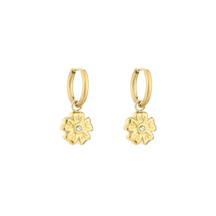 Minimalistische Gouden Oorbellen Flower | Jewellery by Marie vloem met diamantje aan een ringetje