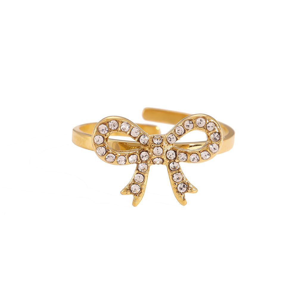 Minimalistische Gouden ring Strassy Bow | Jewellery by Marie verstelbare ring met strik en strass