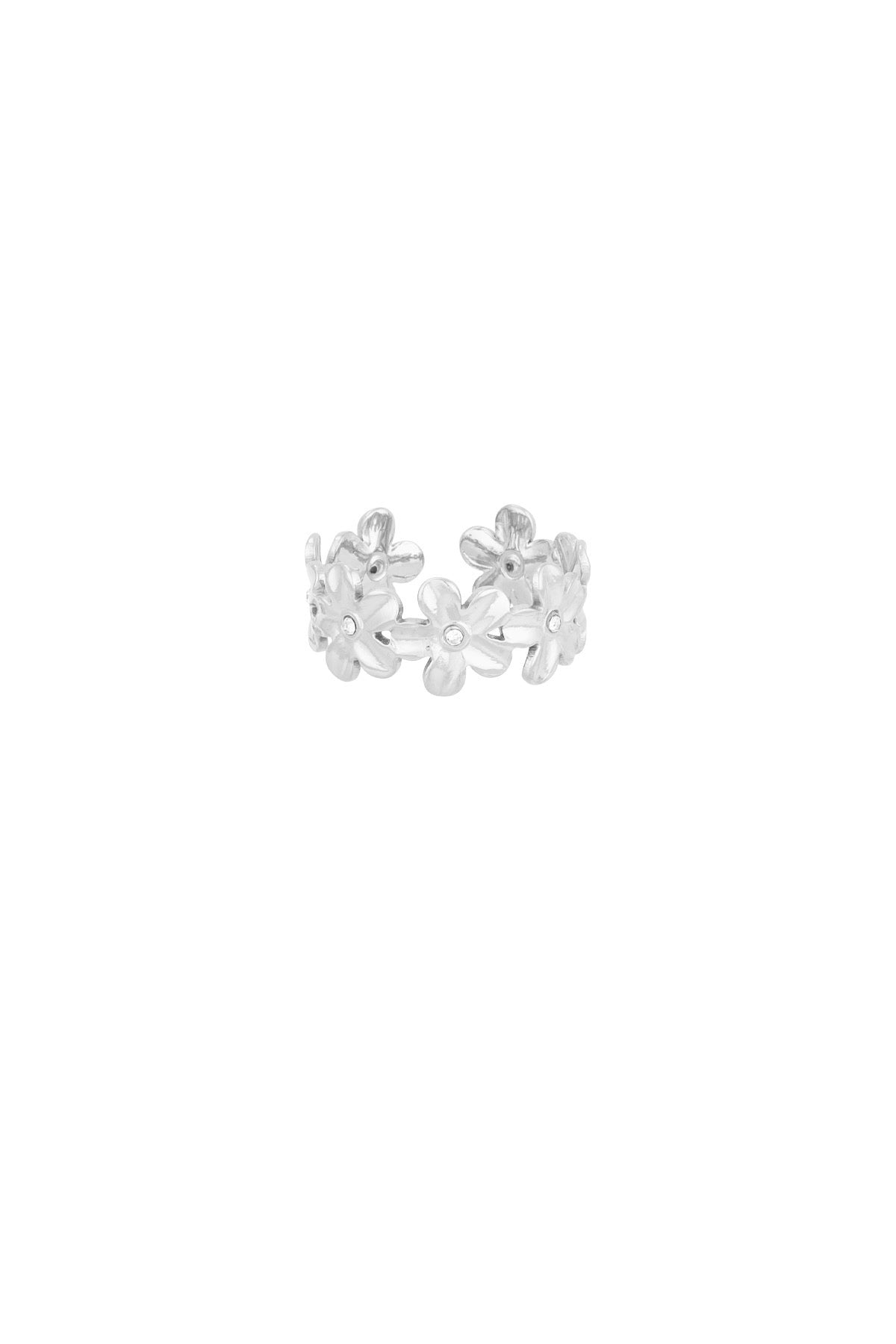 Minimalistische Zilveren Ring Infinite Flowers | Jewellery by Marie met bloemen rondom verstelbaar met strass steentjes