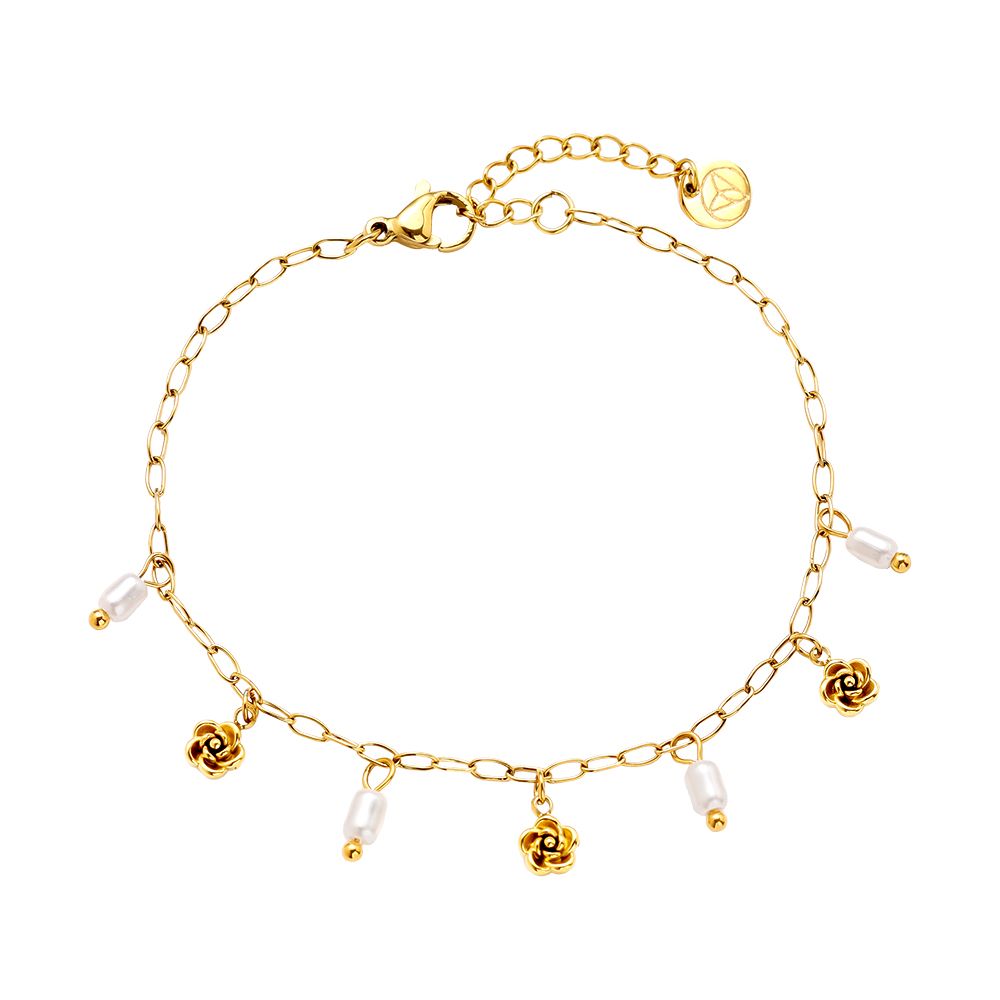 Minimalistische gouden armband Pearl Roses| Jewellery by Marie gouden armband met roosjes en parels